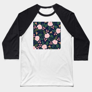 Blue Pink Watercolor Roses Gold Outline Design Baseball T-Shirt